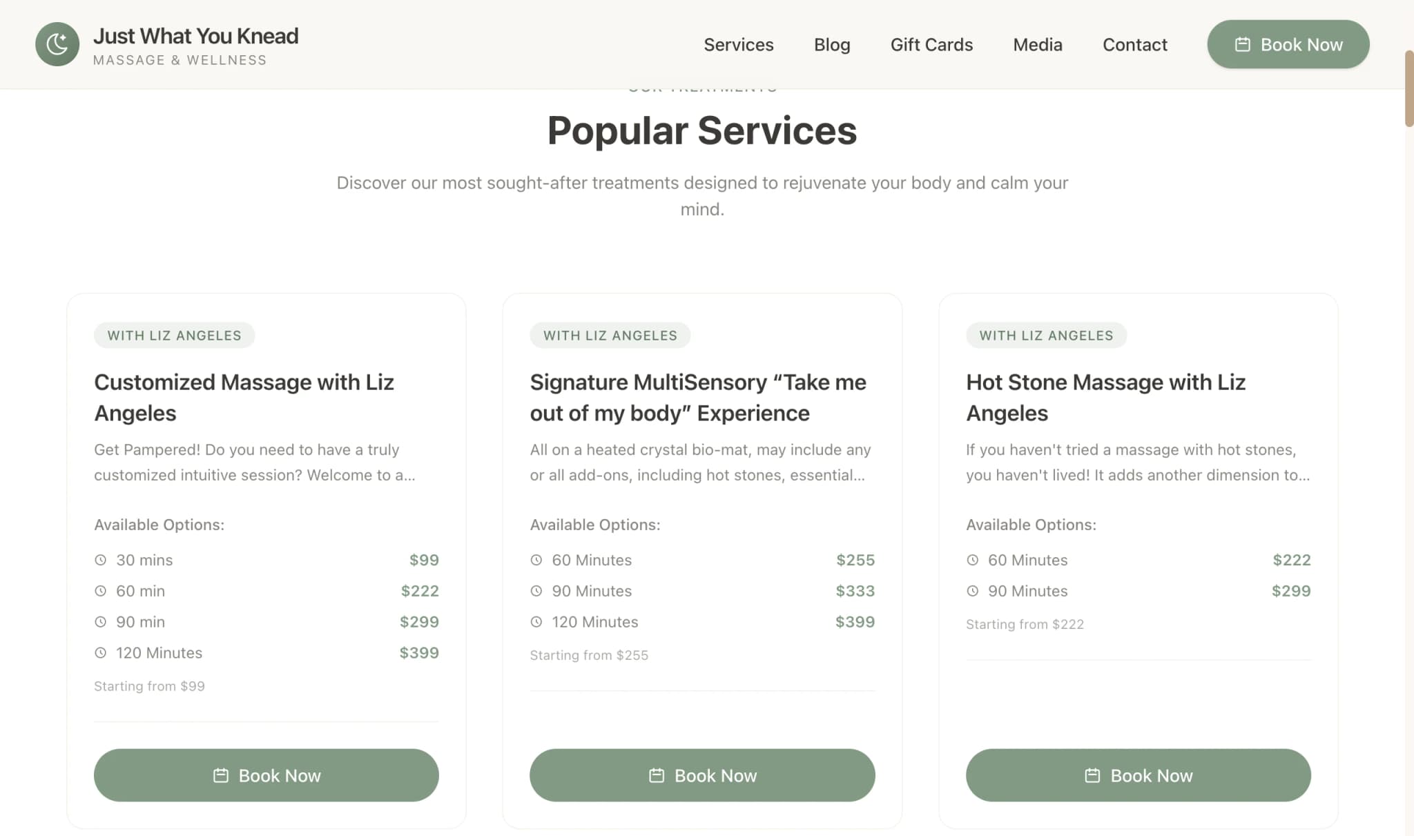 Just What You Knead — Service menu with durations & pricing