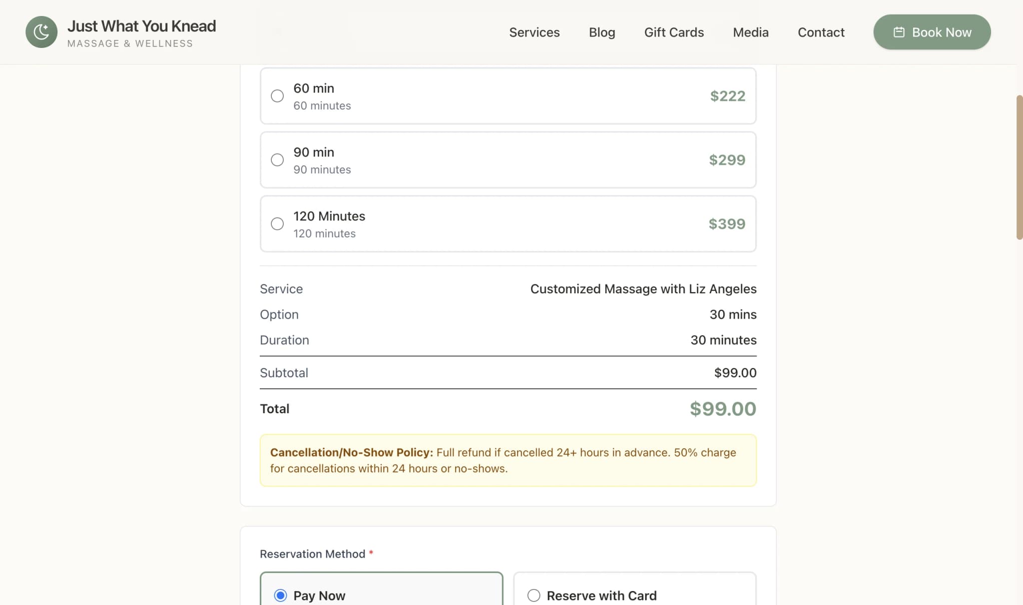 Just What You Knead — Booking flow with order summary